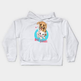 Cute small cat and dog. Sweet little baby pets. Kitten and puppy friends. Kids Hoodie